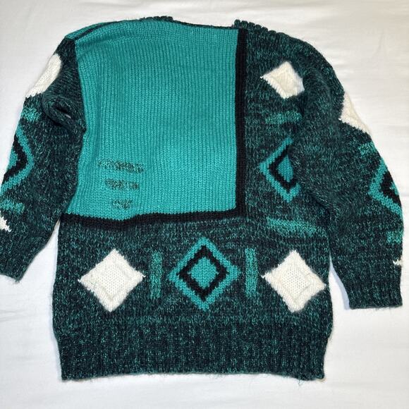 Vtg Susann D Sweater M Teal Ivory Geo Abstract Chunky Knit Wool Angora Blend EUC - Picture 11 of 13